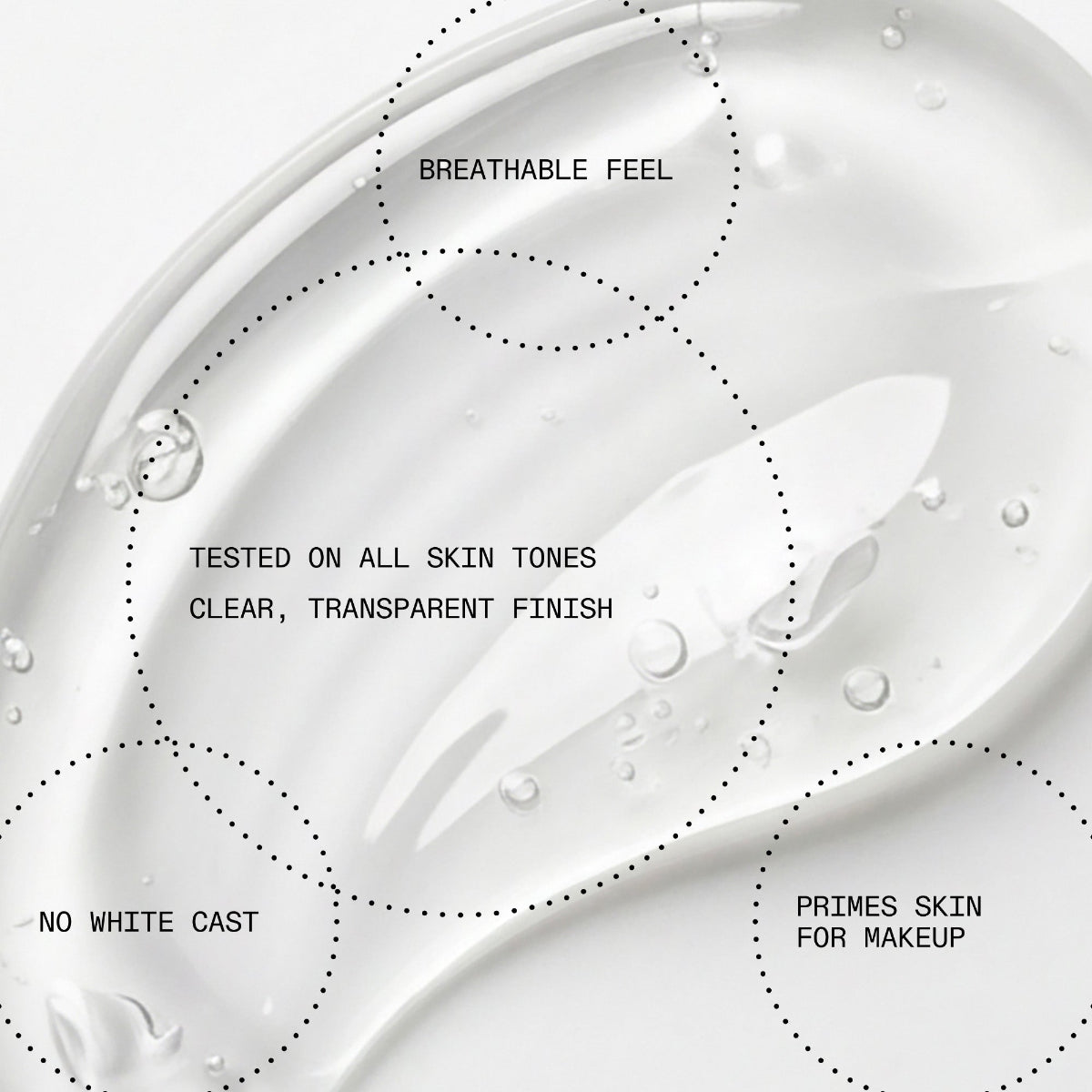 Close-up of a clear skincare product with text highlighting features on a white background
