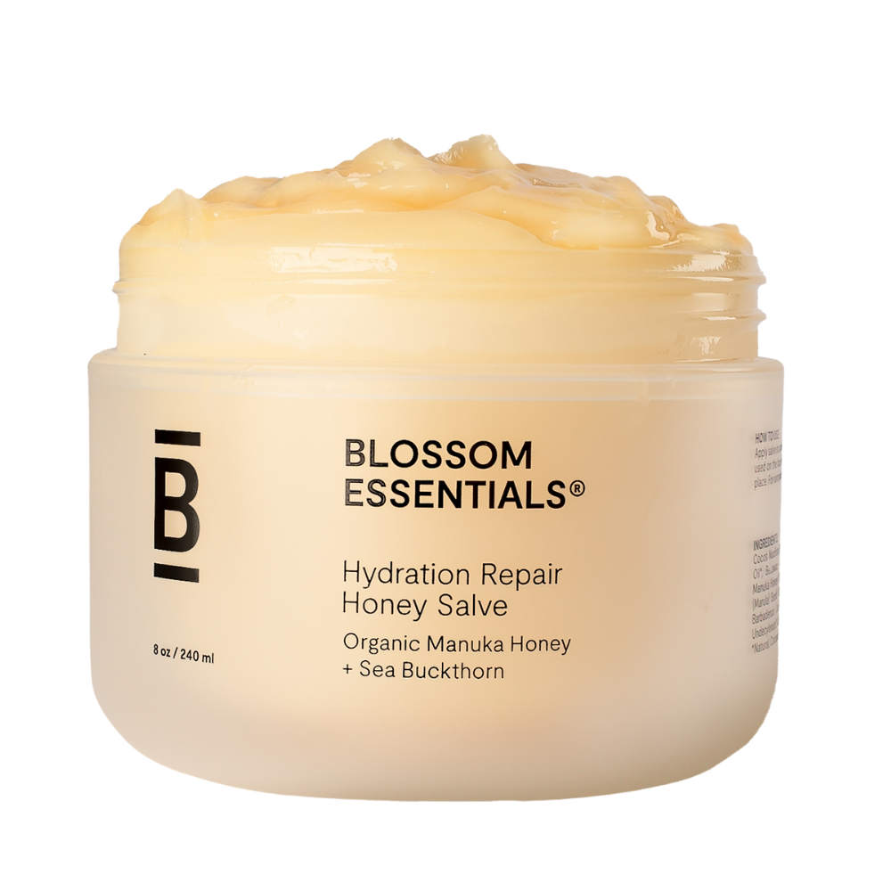 Jar of Blossom Essentials Hydration Repair Honey Salve on a white background
