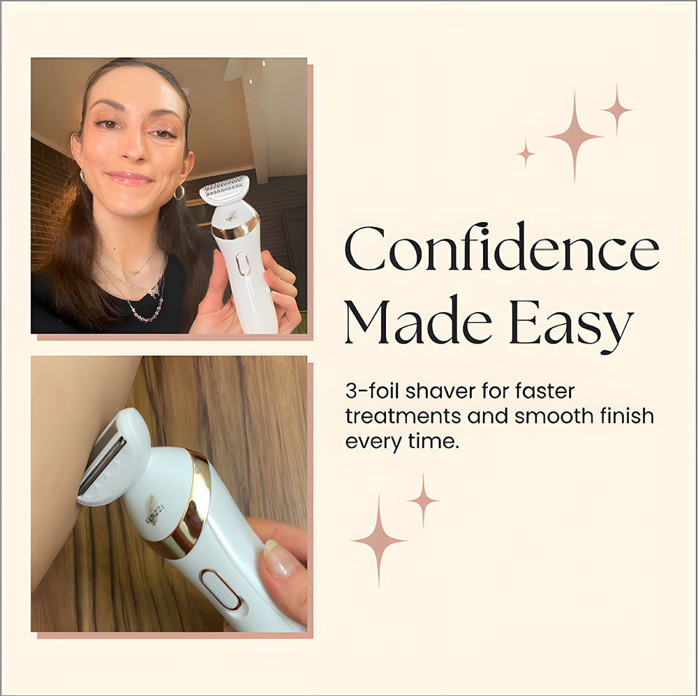 Kenzii shaver and 'Confidence Made Easy - 3-foil shaver for faster treatments and smooth finish every time' written on the photo.