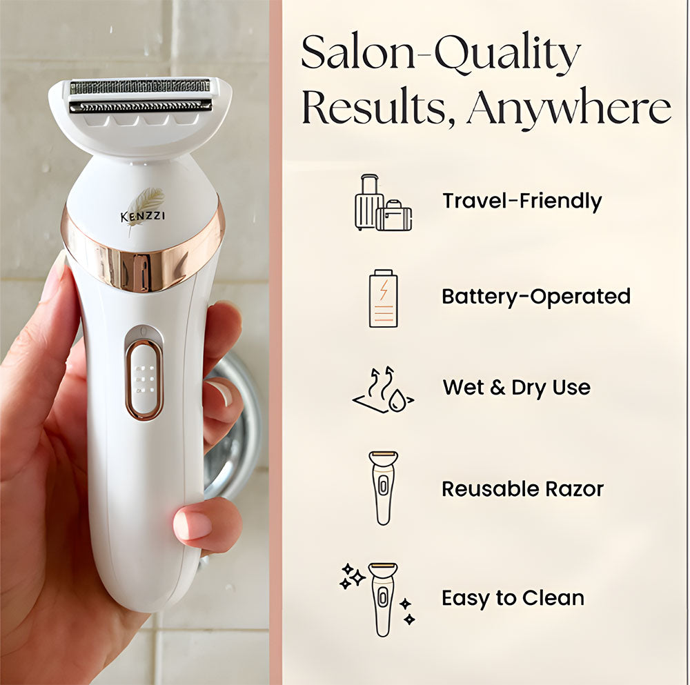 Kenzii razor with text: "Salon-quality, results, anywhere.  Travel-friendly, battery-operated, wet & dry use, reusable razor, easy to clean.