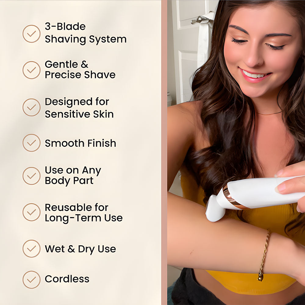Women using a Kenzii Razor on her arm. Written out: 3-blade shaving system - gentle & precise shave, Designed for sensitive skin - smooth finish - use on any body part- reusable for long-term use - wet & dry use - cordless.