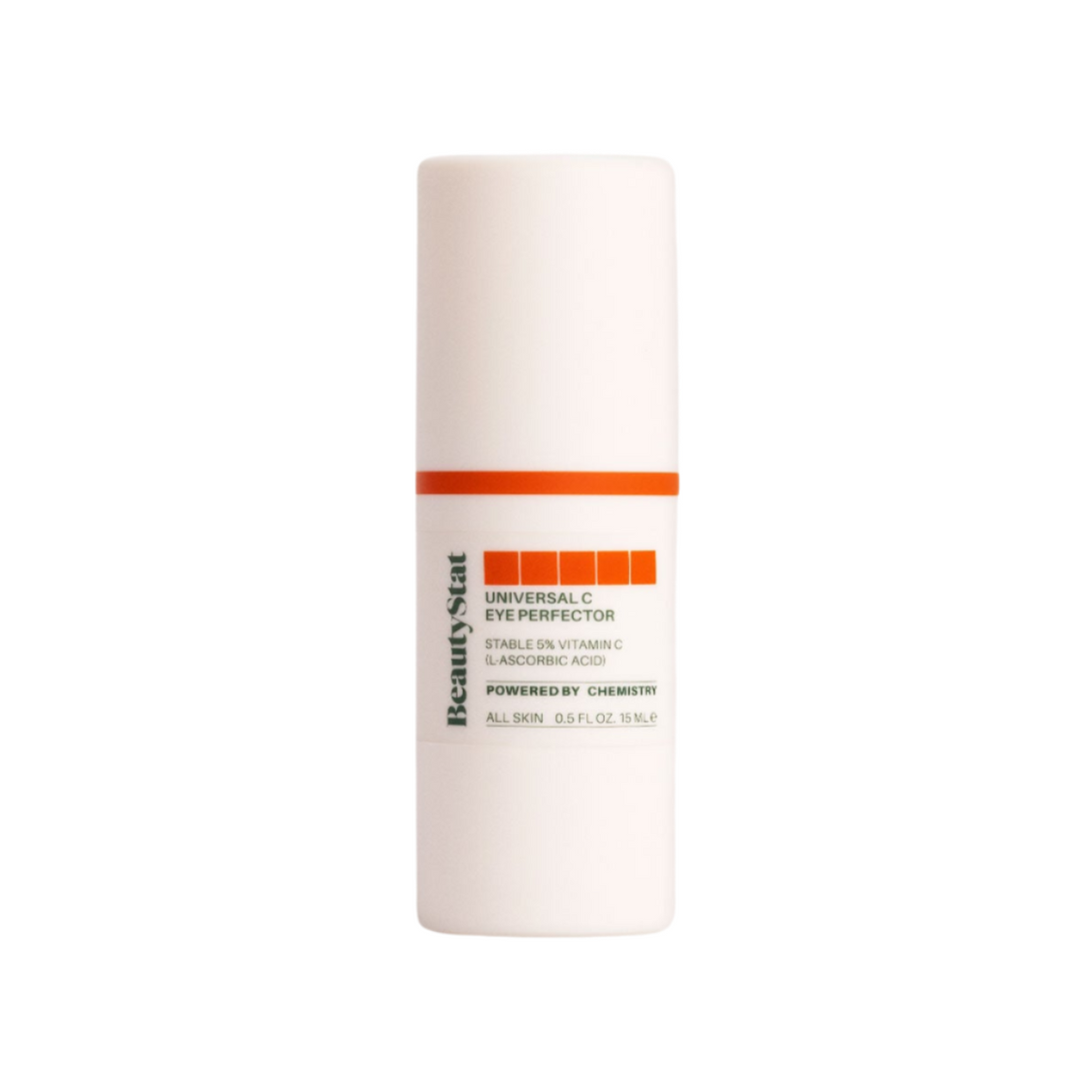 A white tube of BeautyStat's Universal C Eye Perfector with an orange and red label, designed for reducing fine lines, brightening under-eyes, and diminishing dark circles.