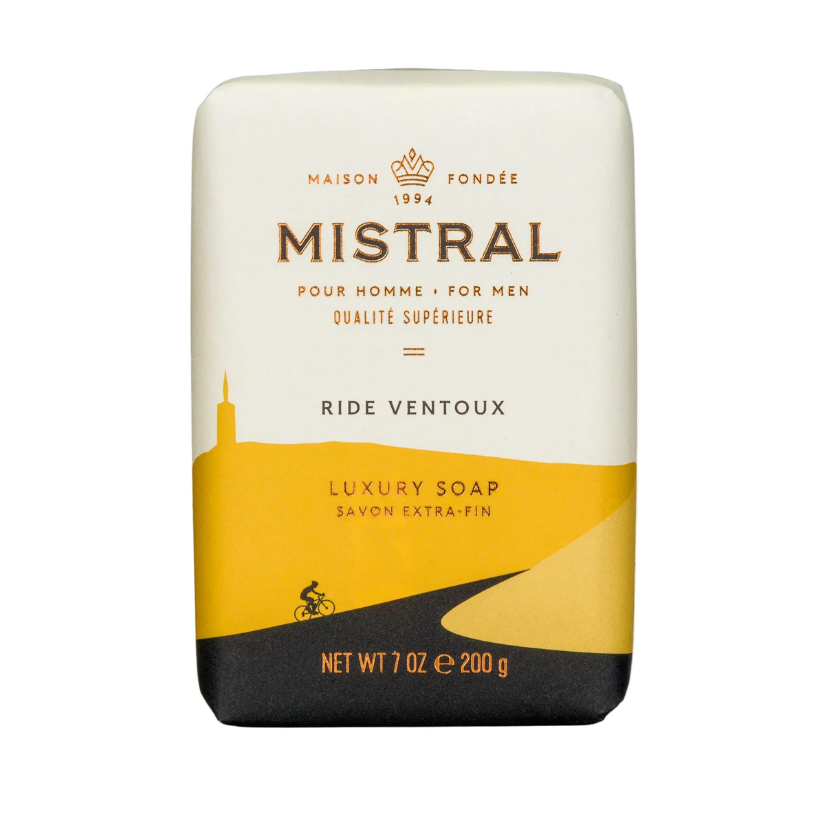 Mistral luxury soap bar with yellow and black design on a white background