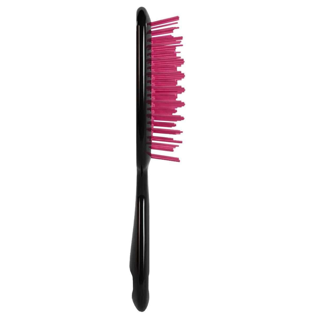 Black hairbrush with pink bristles on a white background