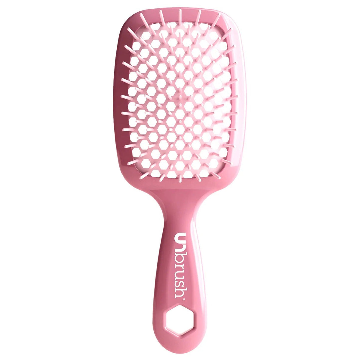 Pink hairbrush with 'Unbrush' branding on a white background