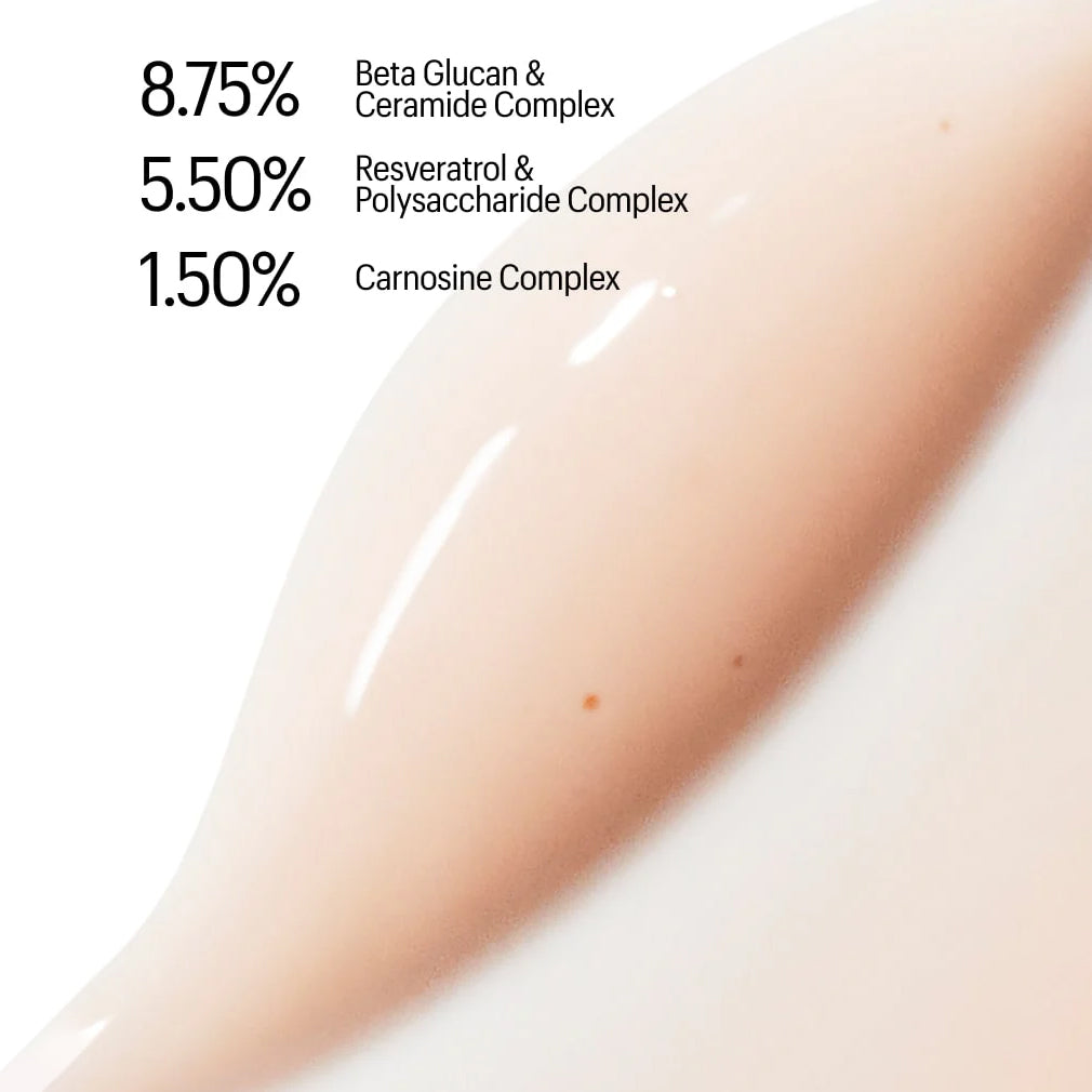 Close-up of a smooth skin texture with ingredient percentages displayed.