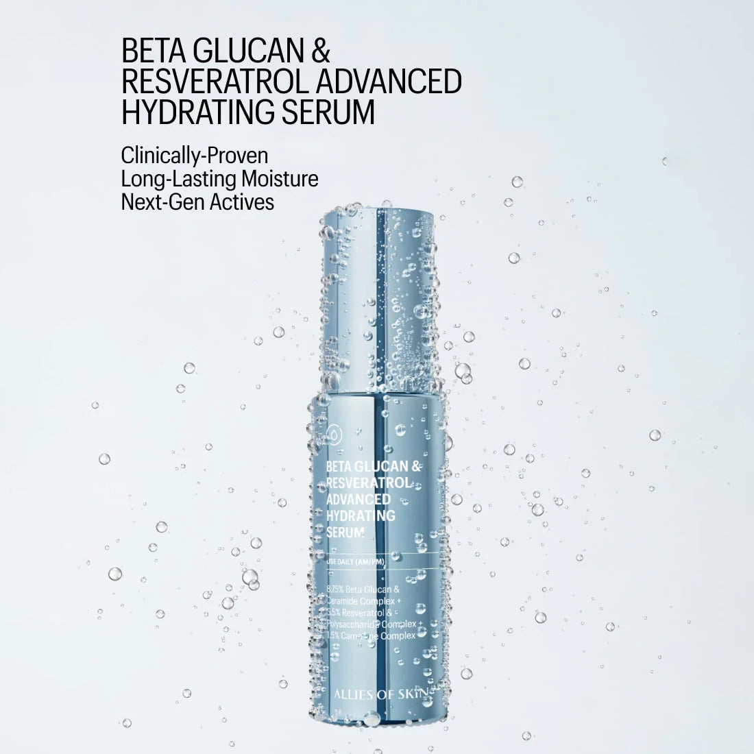 Beta Glucan & Resveratrol Advanced Hydrating Serum bottle with water droplets on a light gray background