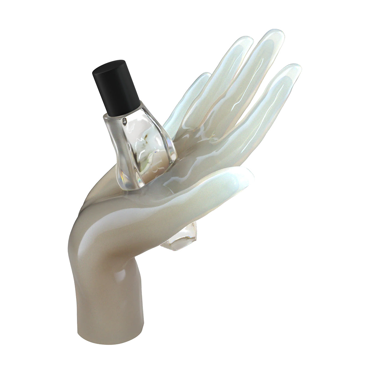 Hand-shaped bottle holder with a perfume bottle on a white background