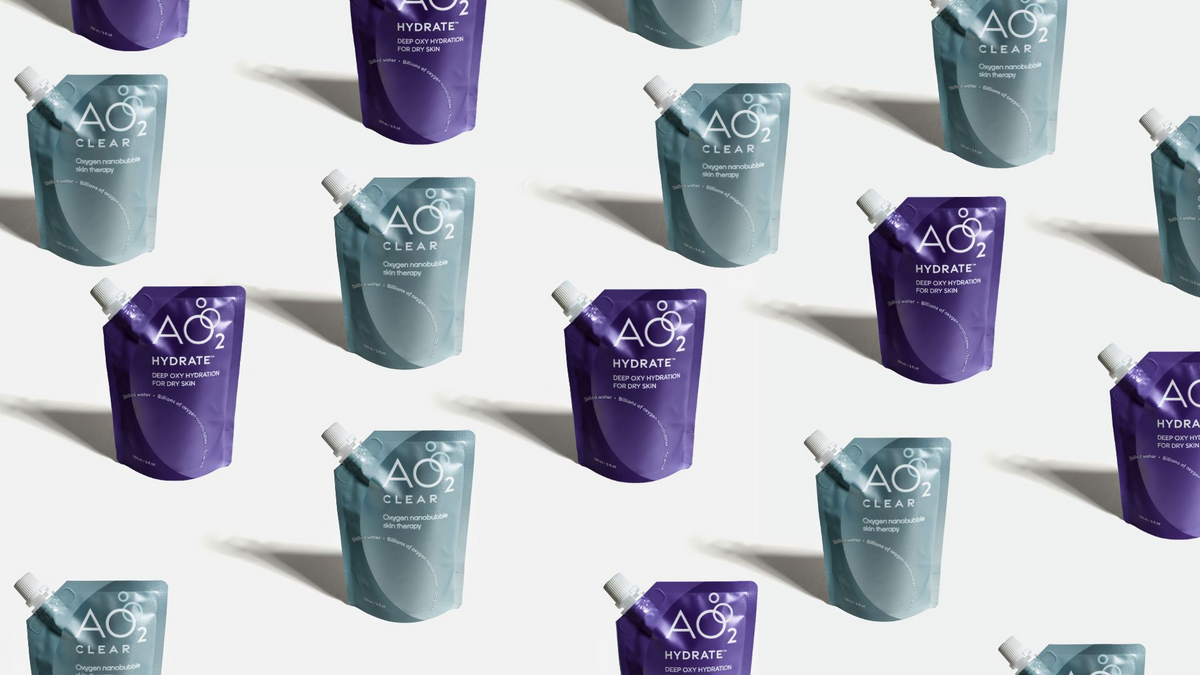 Pattern of blue and purple packaging on a white background