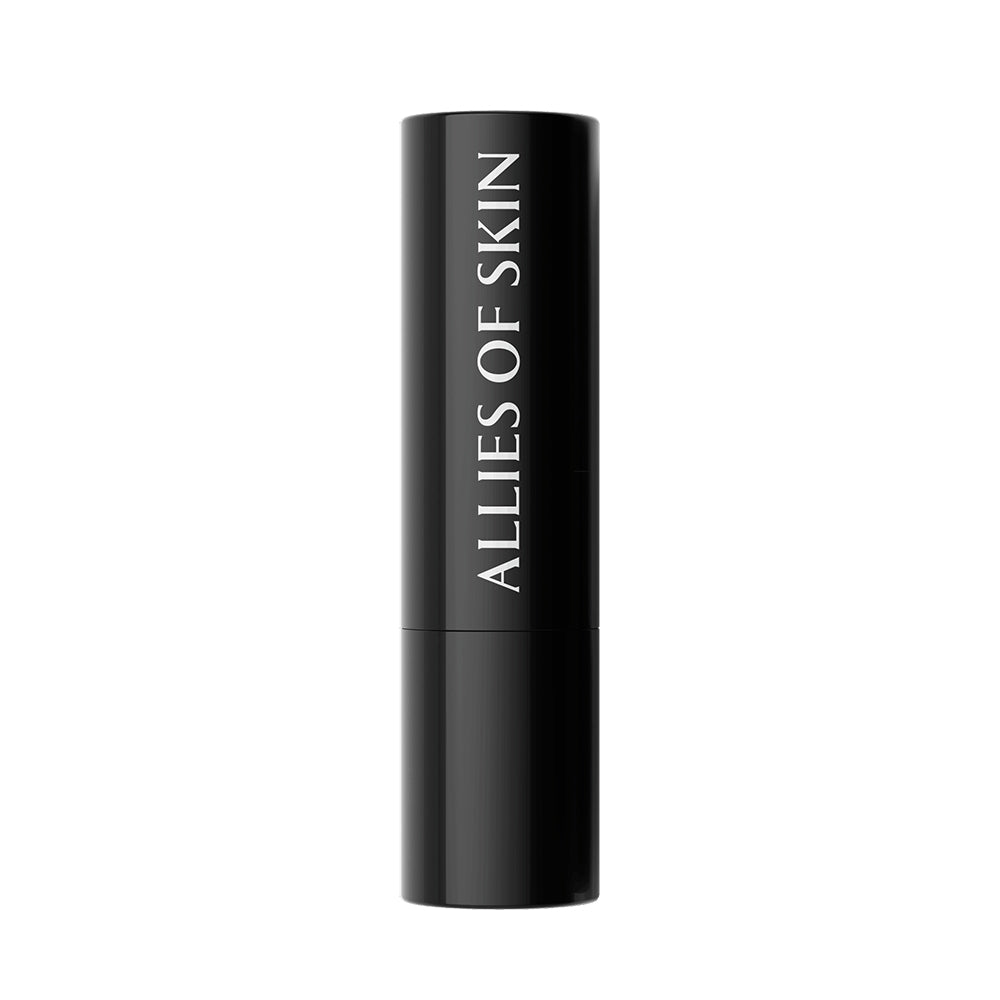 Black lipstick with 'Allies of Skin' branding on a white background