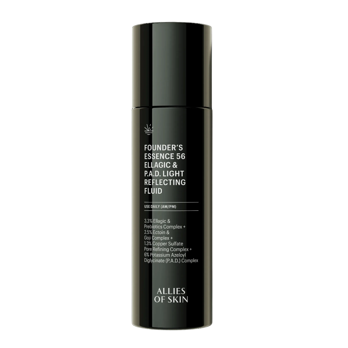 Skincare bottle labeled 'Founder's Essence 56' by Allies of Skin on a white background