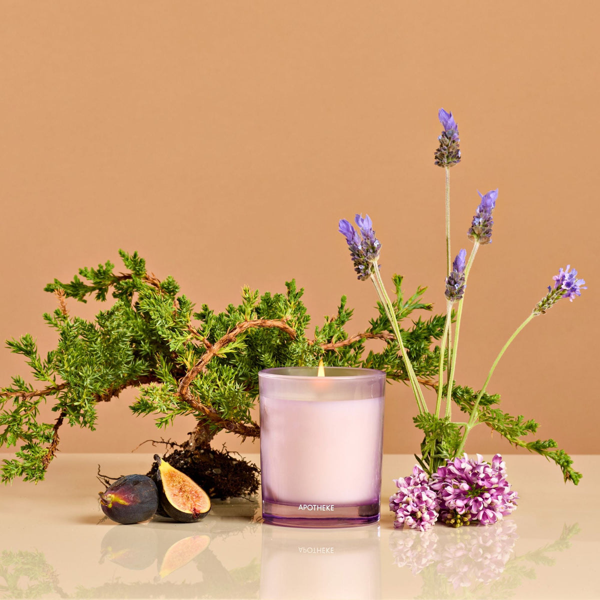 Purple candle next to figs and plants on an orange background