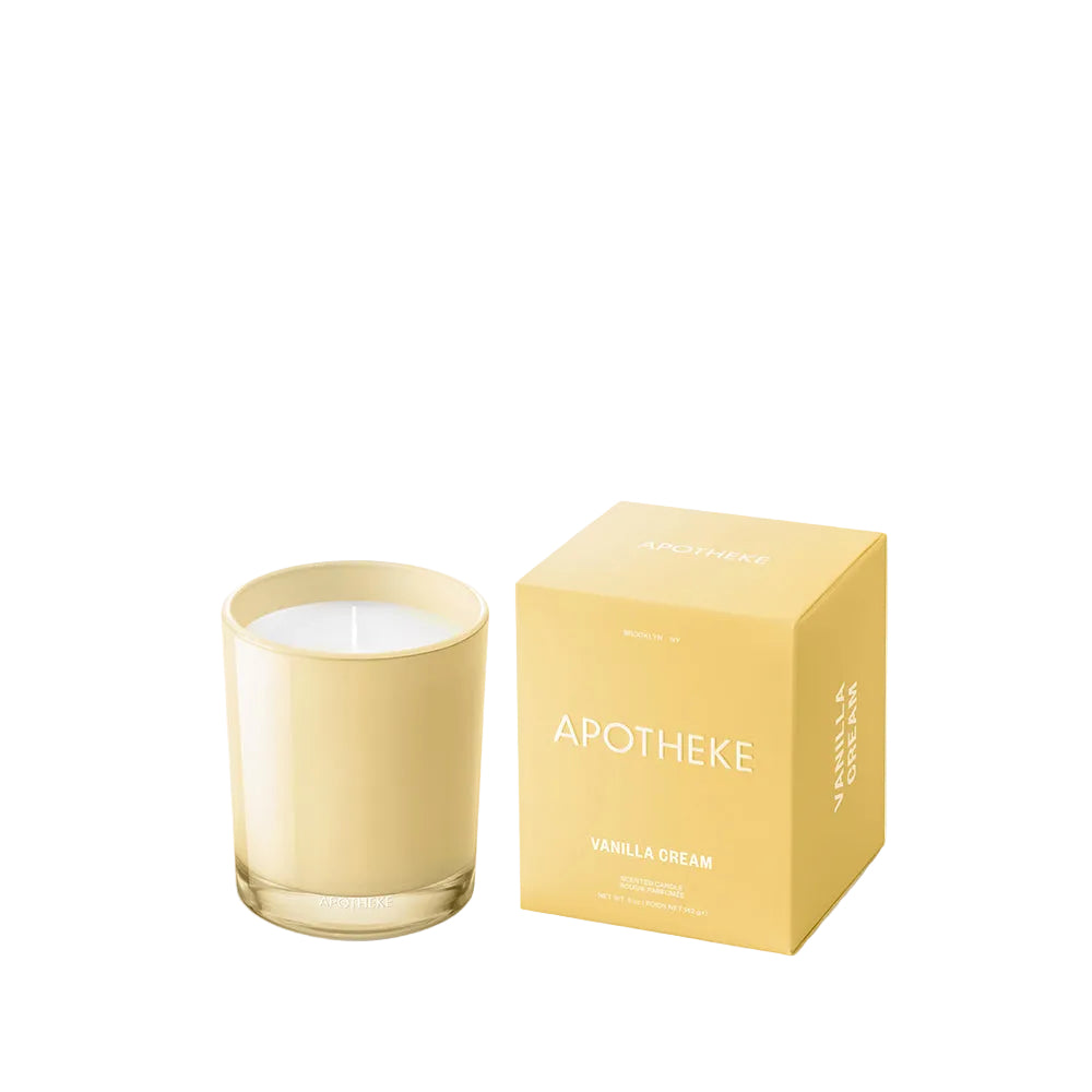 Apotheke vanilla cream candle and packaging on a white background