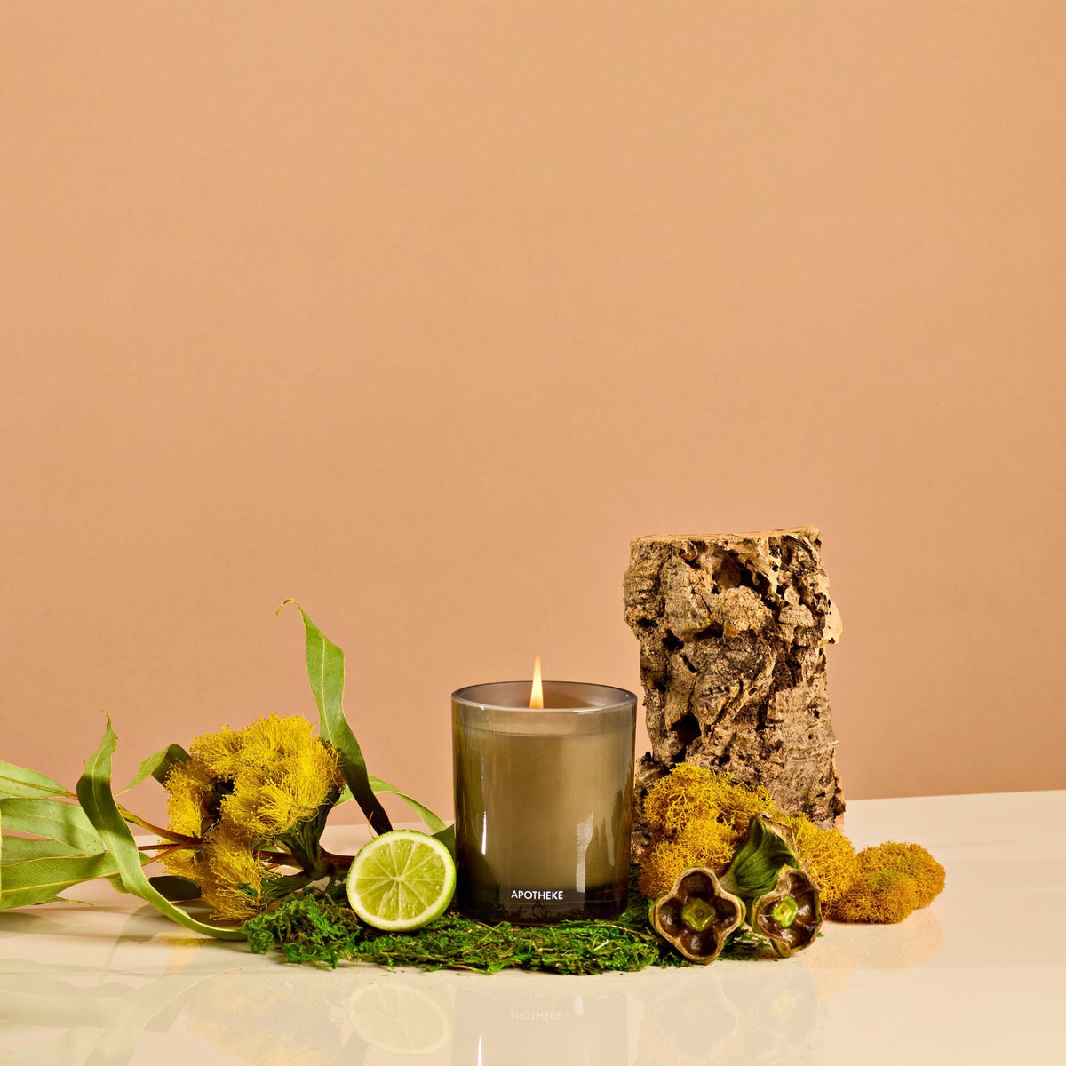 Brown lit candle next to wood, a lime, and assorted plants