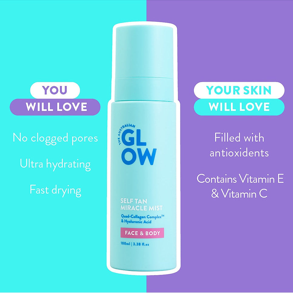 GLow self-tan miracle mist bottle with product benefits on a two-tone blue and purple background