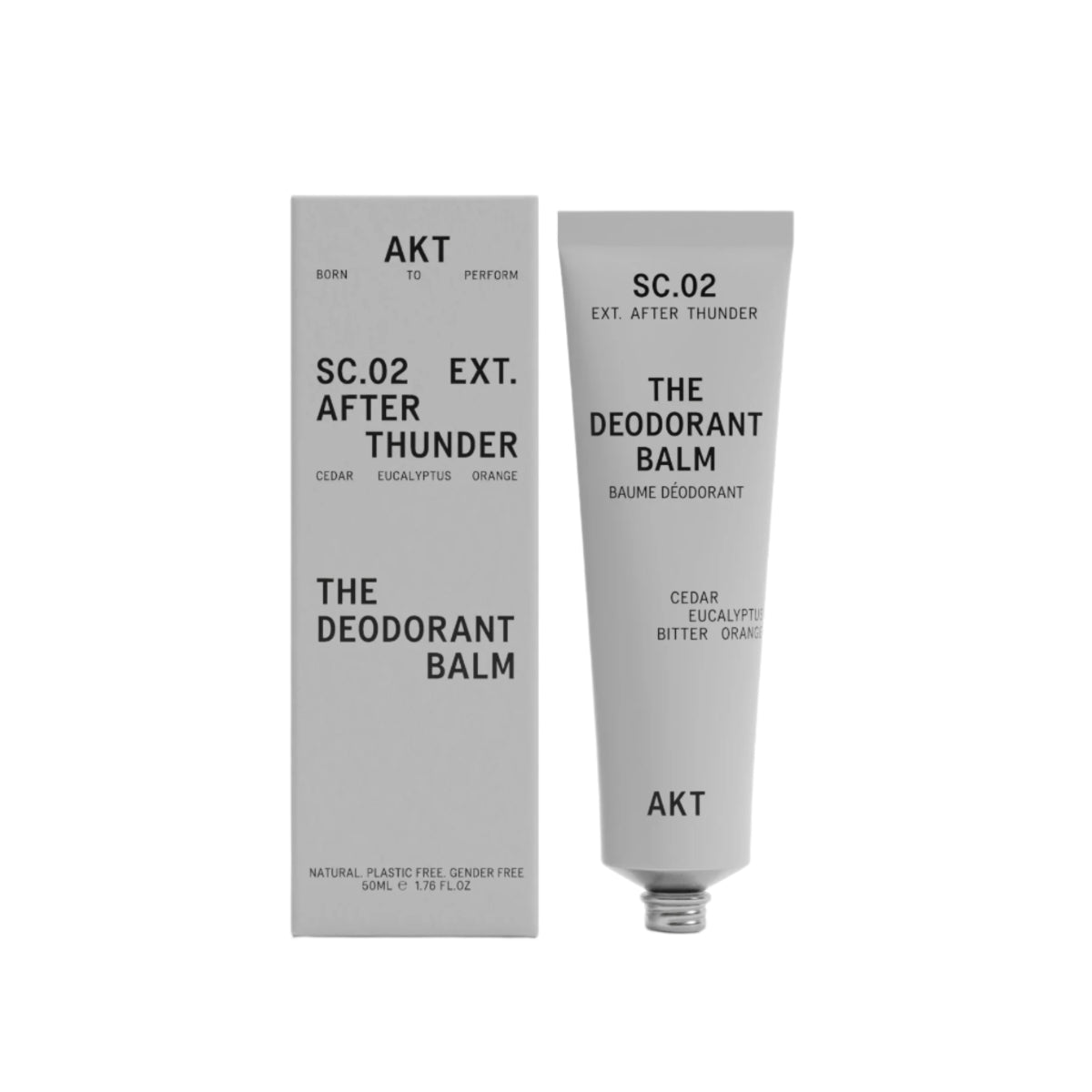 AKT After Thunder Deodorant Balm in gray tube next to gray product box on a white background. 
