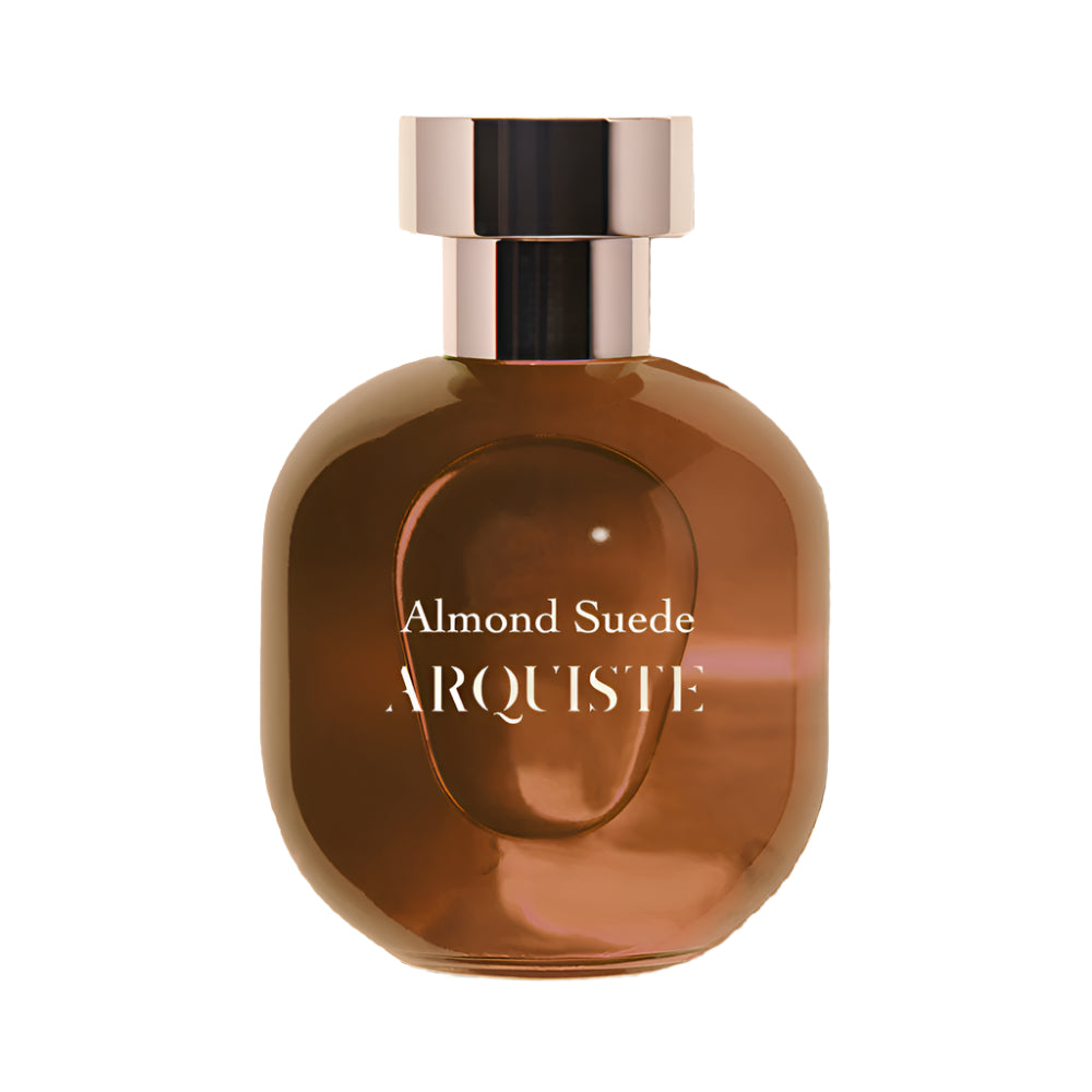 Almond Suede perfume bottle in front of a white background