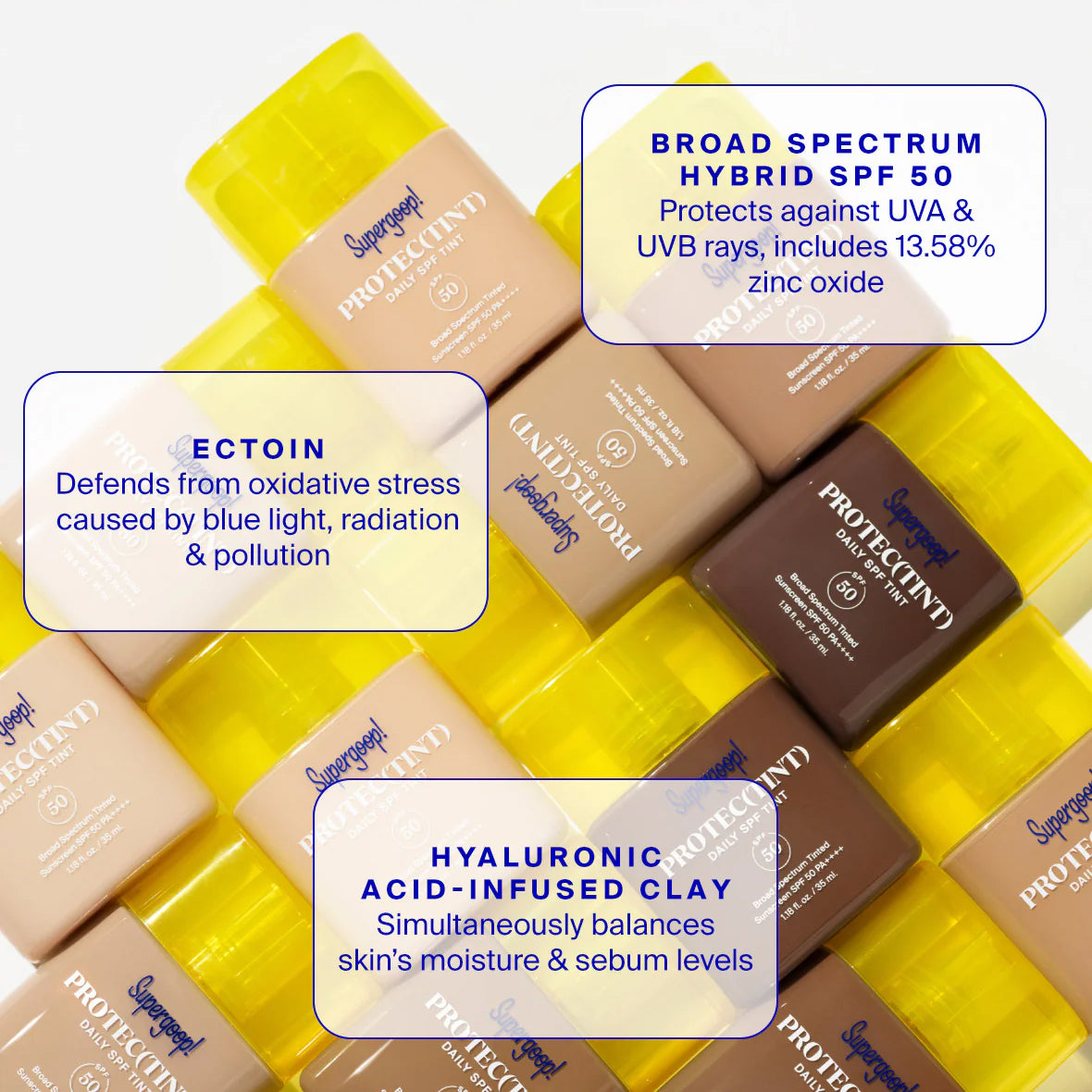 Supergoop! sunscreen products with text highlighting features like SPF 50, zinc oxide, and hyaluronic acid.