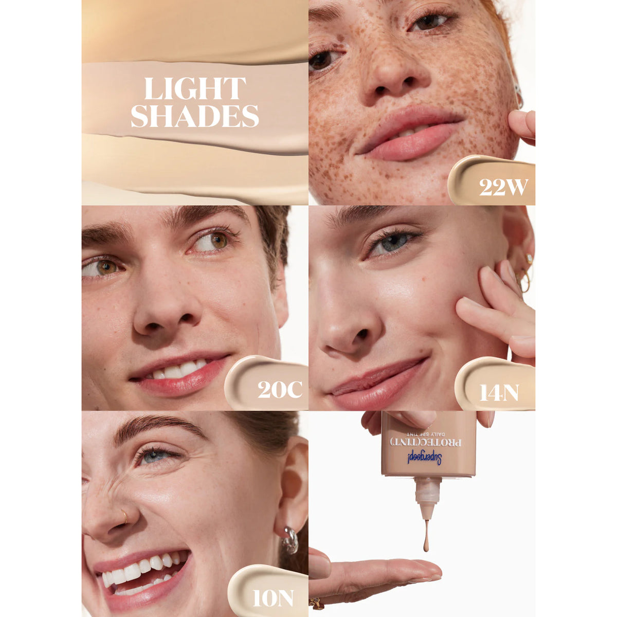 Cosmetic foundation product with color swatches and model application on faces.