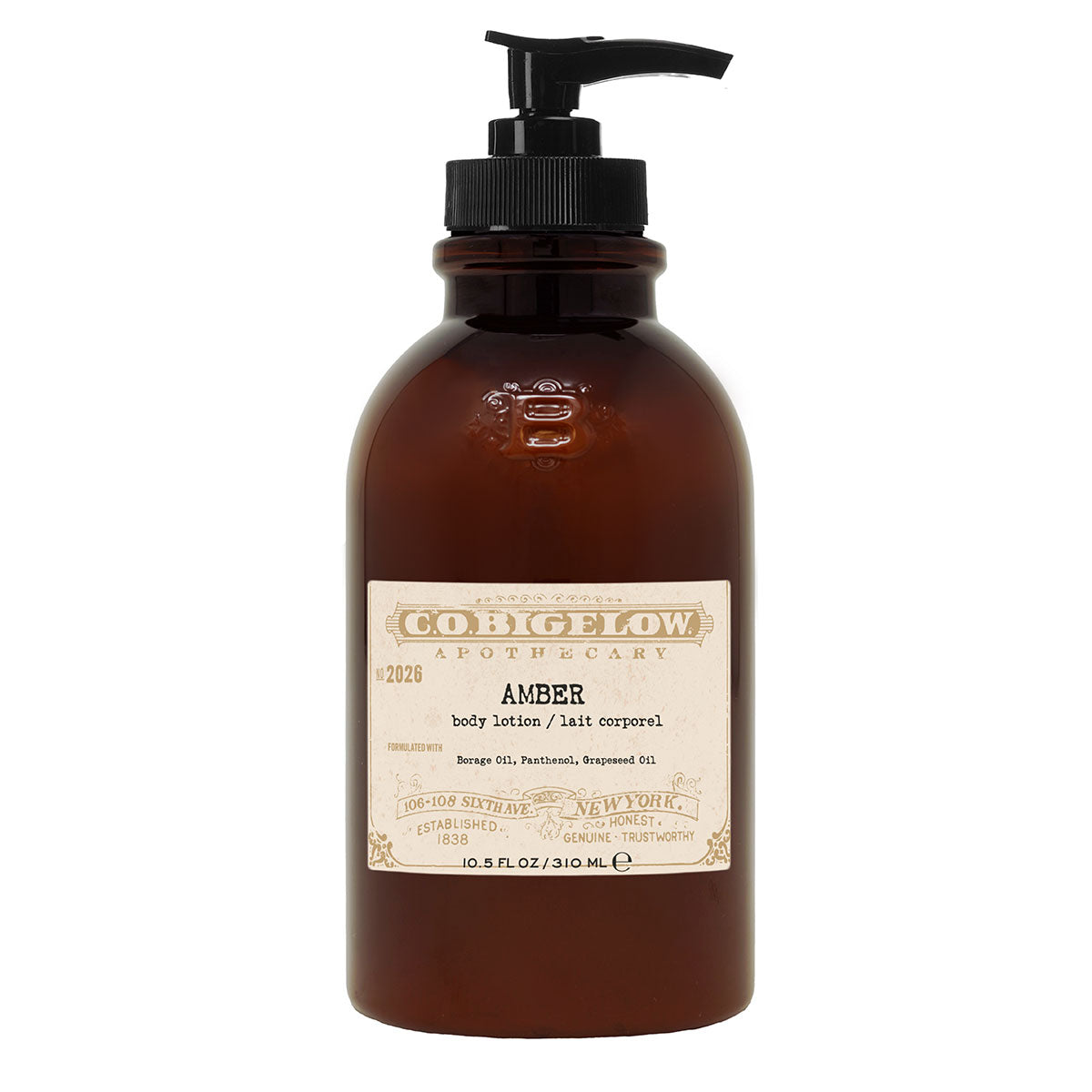 C.O. Bigelow Iconic Collection - Amber Body Lotion No. 2026 in an Amber pump bottle in front of a white background.
