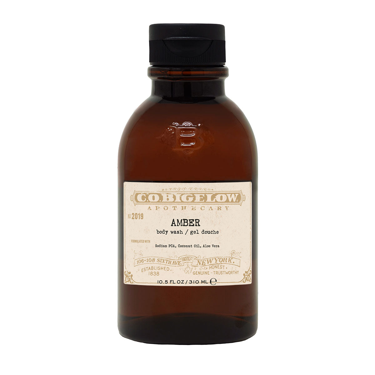C.O. Bigelow Iconic Collection - Amber Body Wash No. 2019 in an Amber bottle in front of a white background.