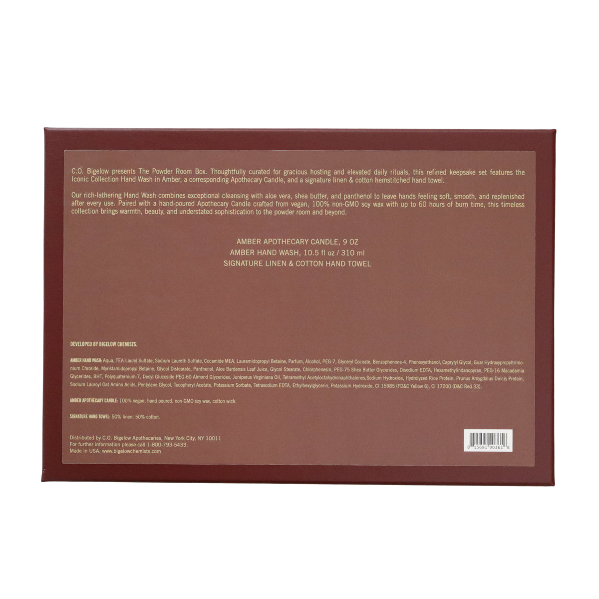 The back of a C.O Bigelow Gift Box