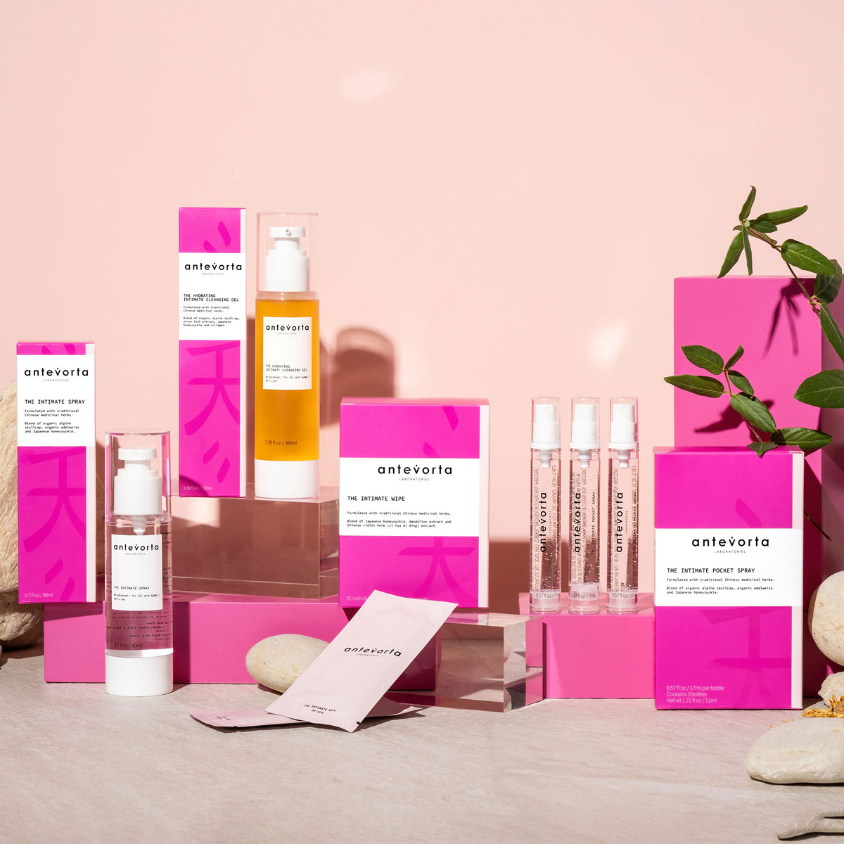 Various antevorta products on a textured surface in front of a light pink background