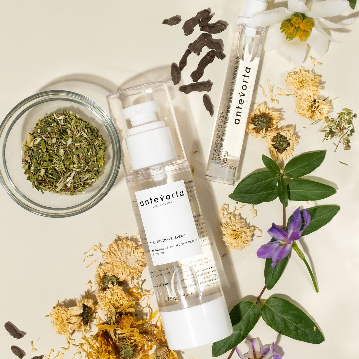 Two clear bottles surrounded by dried plants on a beige background