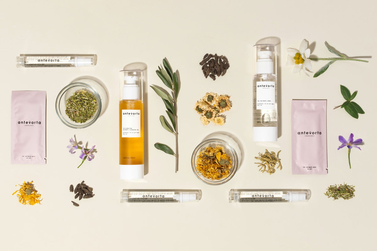 Various antevorta products and dried flowers on a beige background