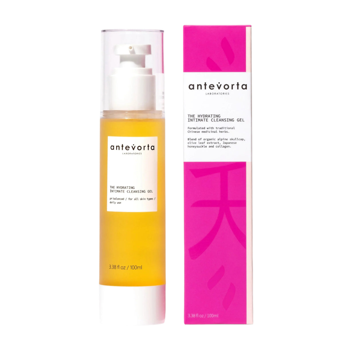 The product image shows a bottle of Antevorta Hydrating Intimate Cleansing Gel next to its packaging box. The bottle is clear with a white pump, and the box has a vibrant pink background with white text.