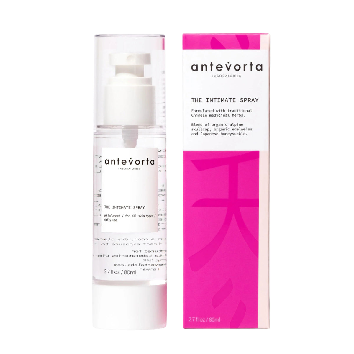 The product image shows a bottle of Antevorta Intimate Pocket Spray next to its packaging box. The bottle is clear with a white pump, and the box is pink with black text.