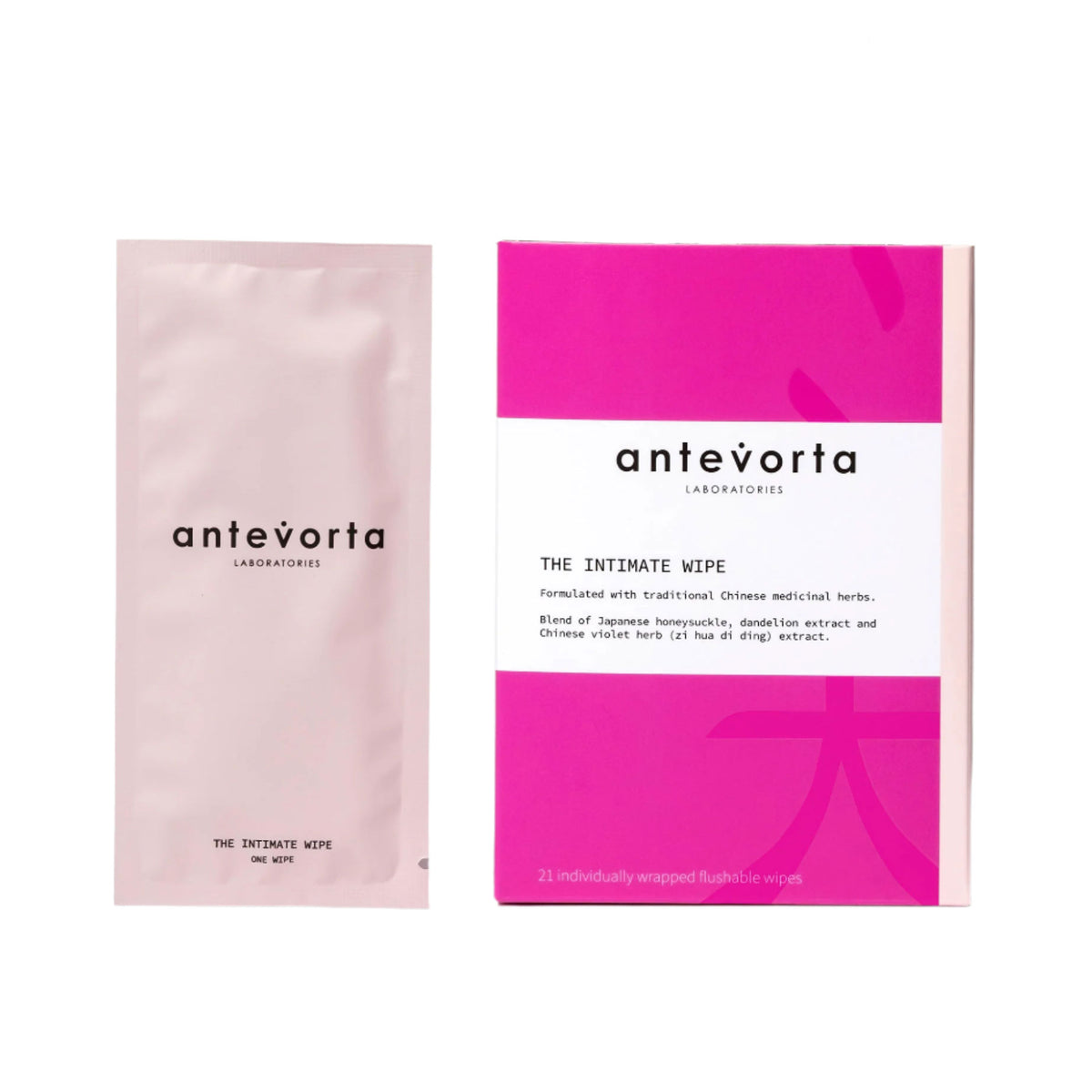 Packaging of Antevorta Intimate Wipes with one pink and one white sachet displaying the brand and product name.