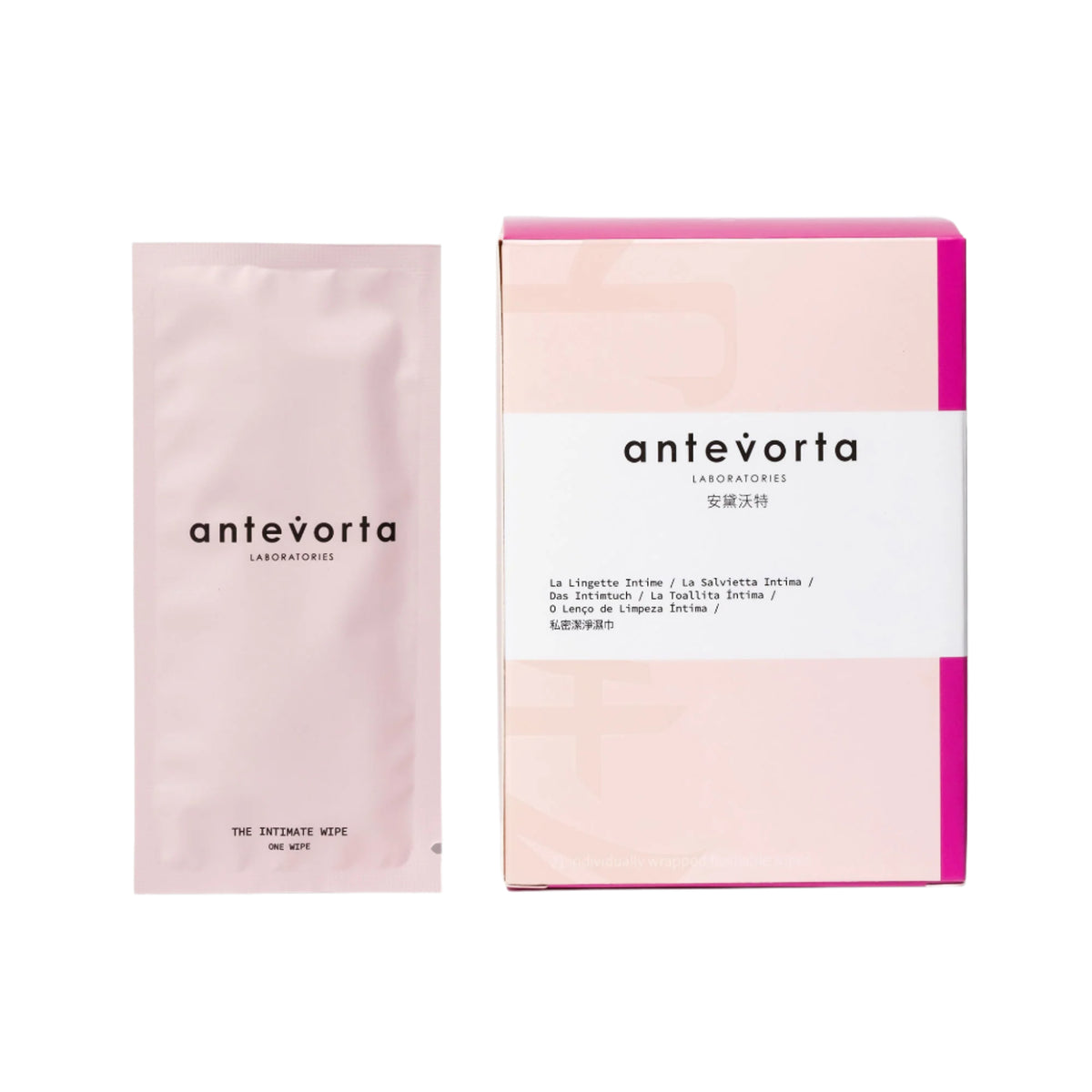 Packaging of Antevorta Intimate Wipes, with a pink and white color scheme, including a box and individual wipe sachets.