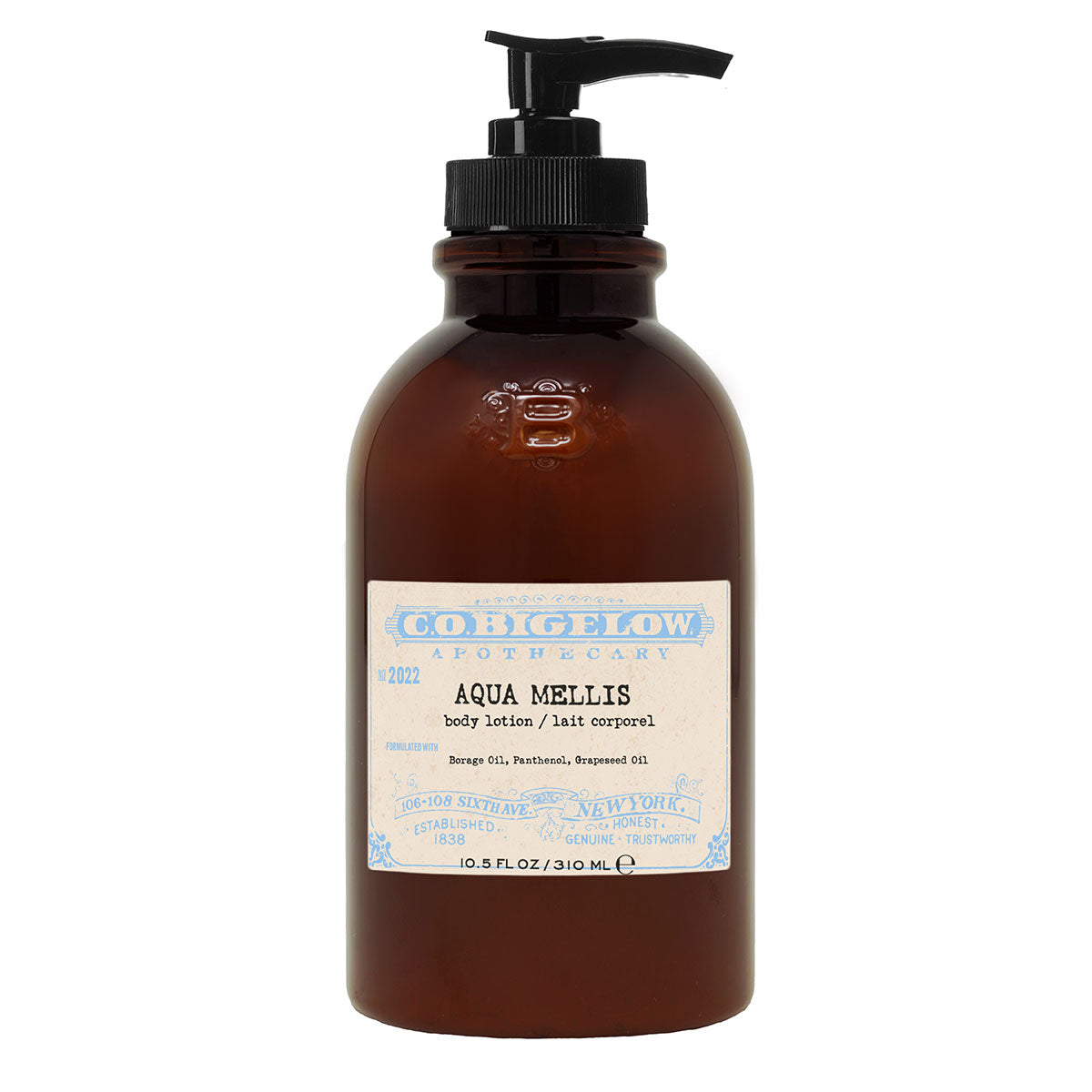 C.O. Bigelow Iconic Collection - Aqua Mellis Hand Wash No. 2022 in an amber pump bottle in front of a white background. 