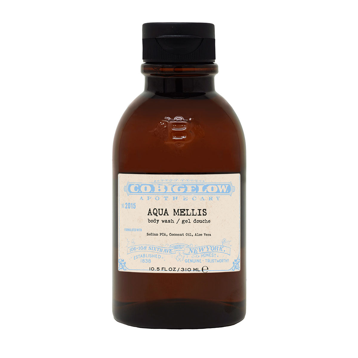 C.O. Bigelow Iconic Collection - Aqua Mellis Body Wash No. 2015 in an Amber bottle in front of a white background.