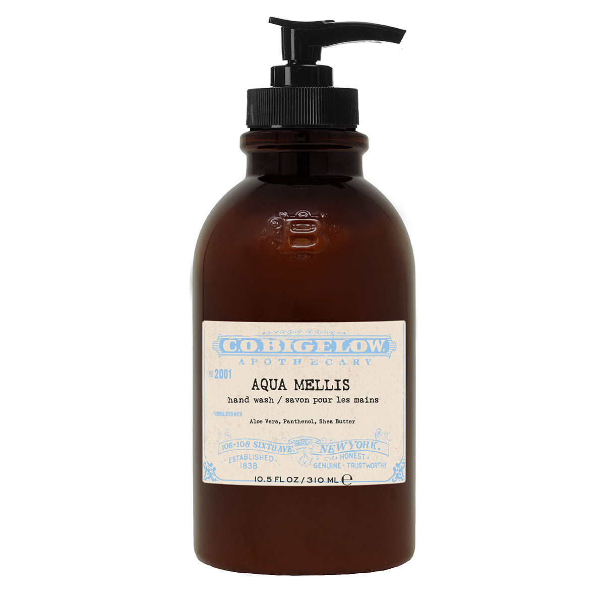C.O. Bigelow Iconic Collection - Aqua Mellis Hand Wash No. 2001 in an amber pump bottle in front of a white background. 