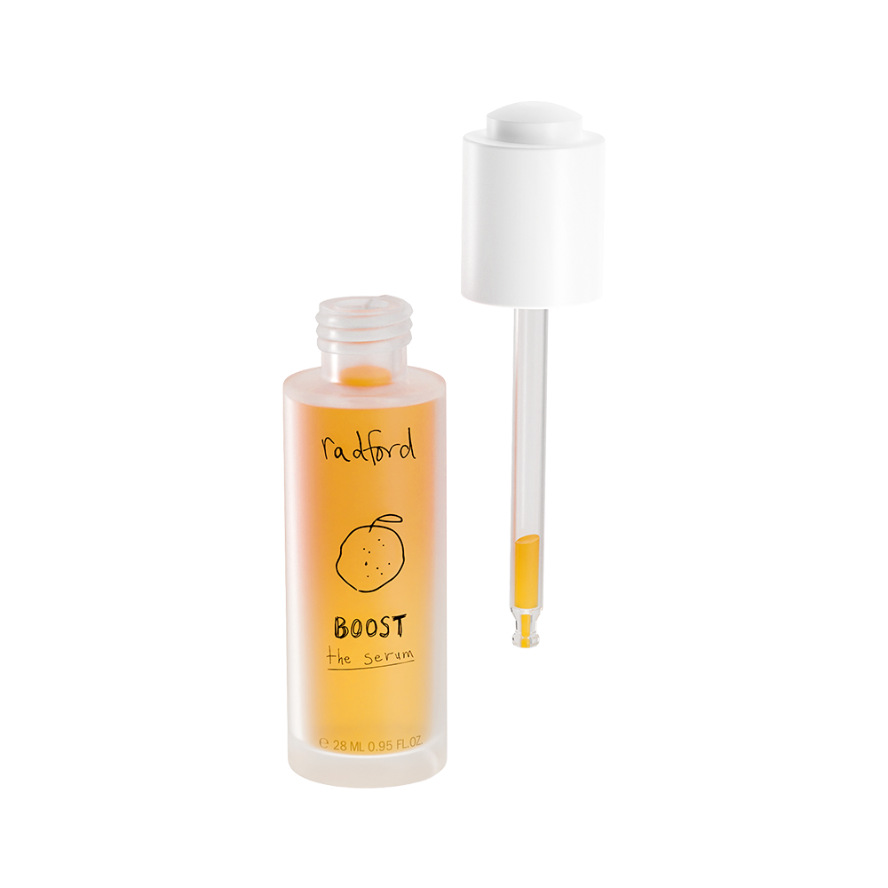 Radford Boost the Serum in a frosted glass bottle with a white dropper cap, shown next to the detached dropper on a white background.