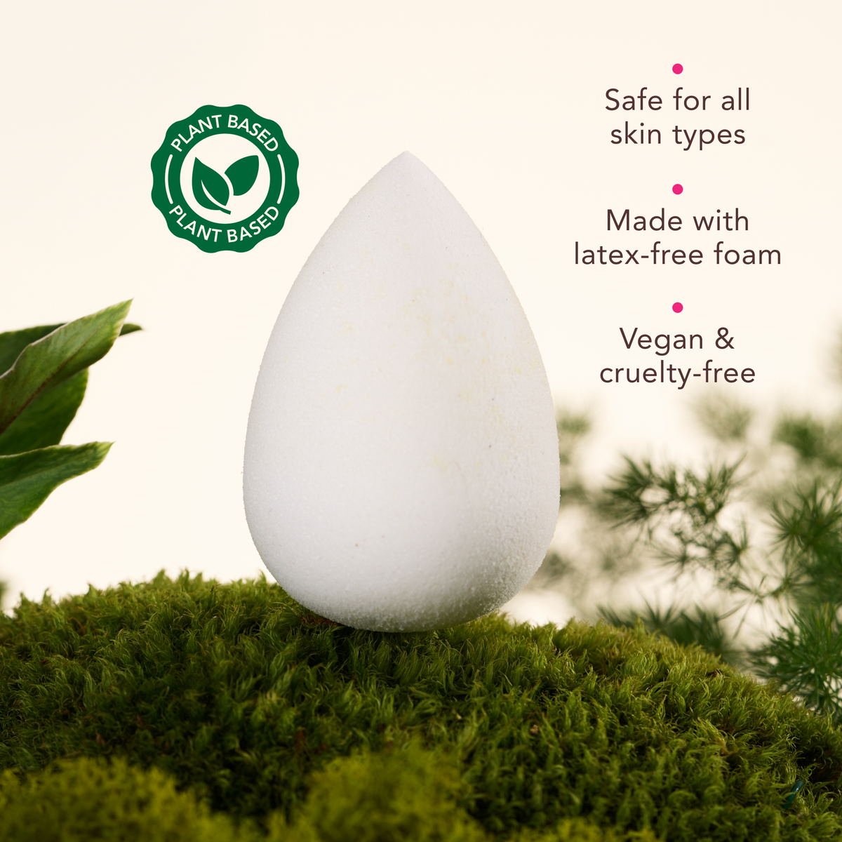 White cosmetic product on green grass with plant-based label and safety features text