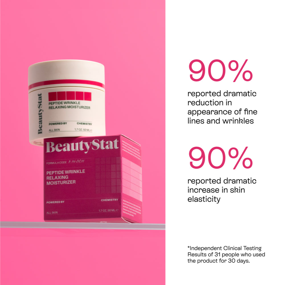 Tub of Peptide Wrinkle Relaxing Moisturizer by BeautyStat on top of its packaging on a pink background next to stats about the product 