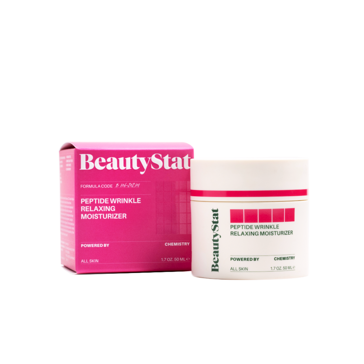 Tub of Peptide Wrinkle Relaxing Moisturizer by BeautyStat next to its packaging on a white background