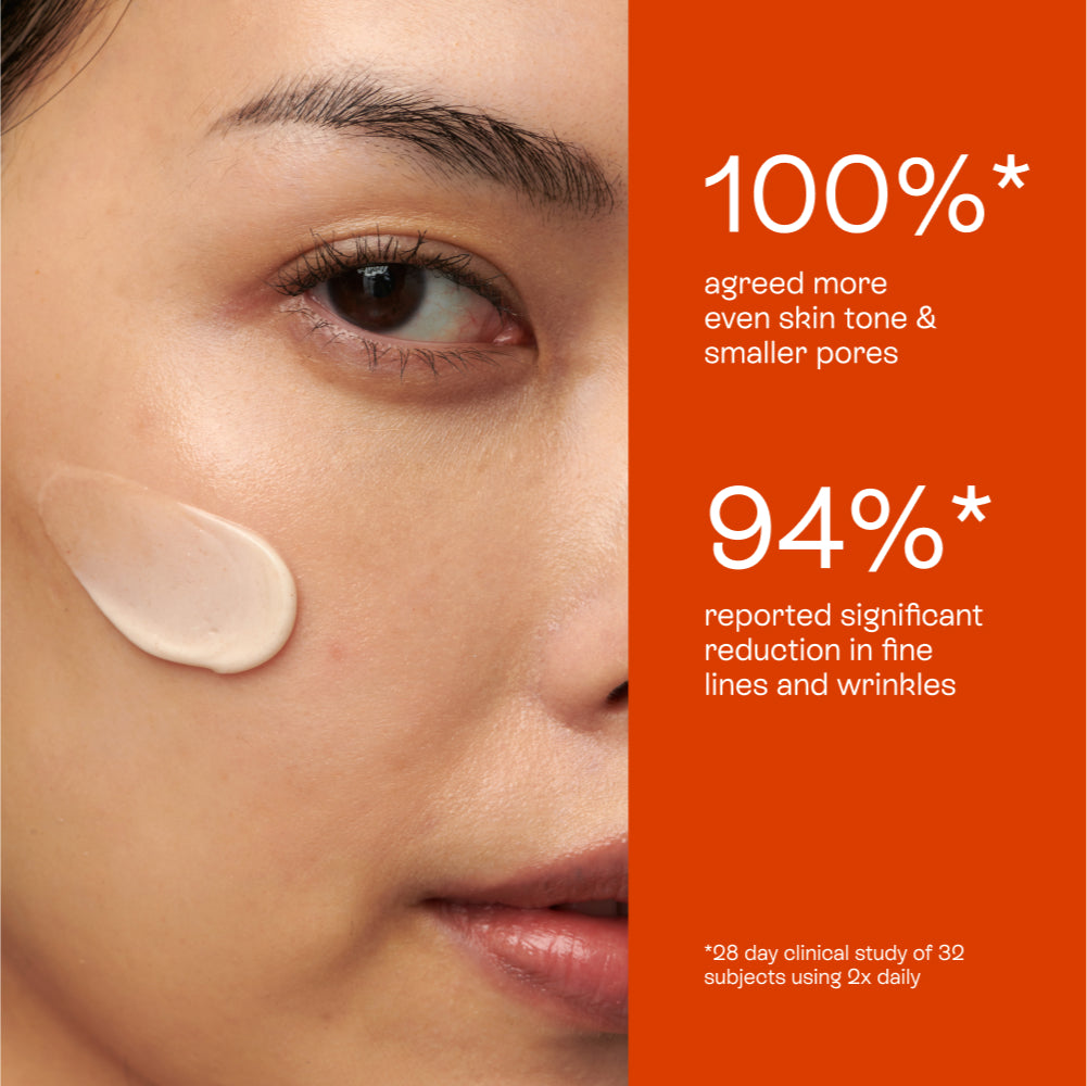 Woman with a swatch of Universal C Skin Refiner by BeautyStat on her face next to stats about the product.