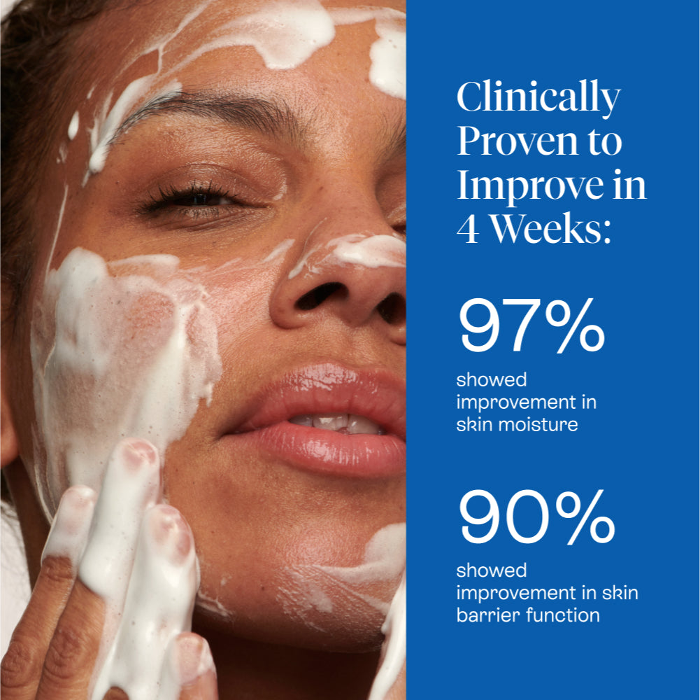 Woman applying BeautyStat Microbiome Barrier Repair Purifying Cleanser next to text information about product