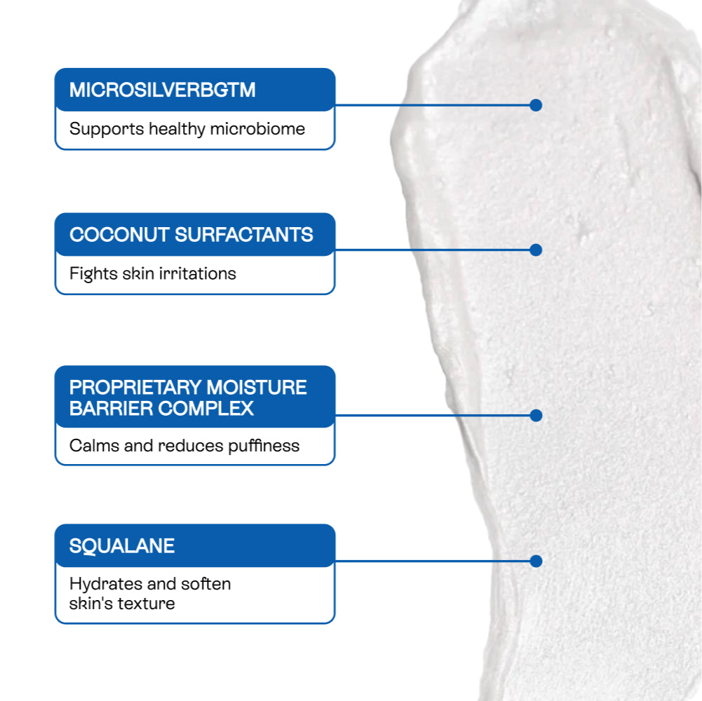 Product swatch of BeautyStat Microbiome Barrier Repair Purifying Cleanser next to text information about product ingredients