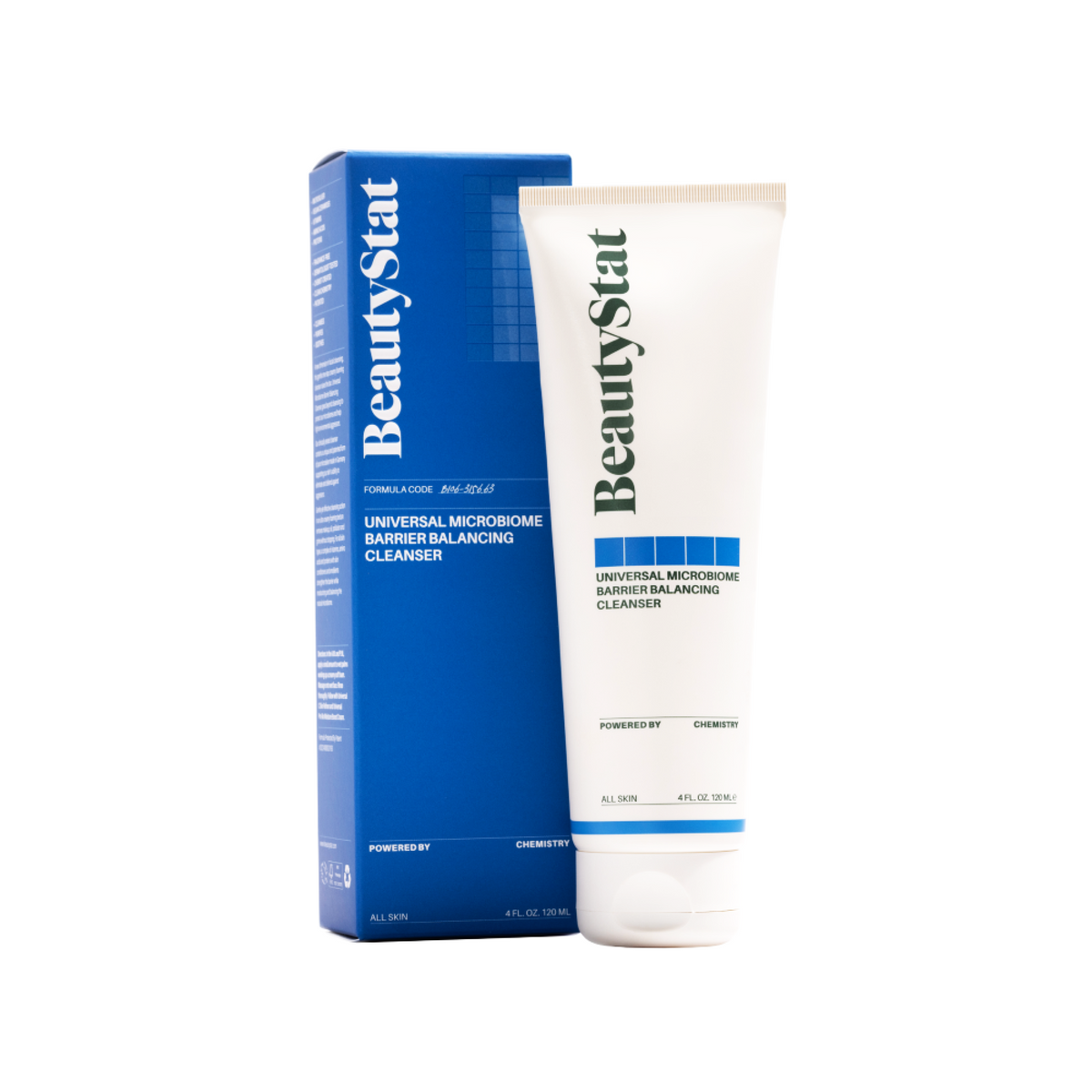 A tube of BeautyStat Microbiome Barrier Repair Purifying Cleanser next to its packaging