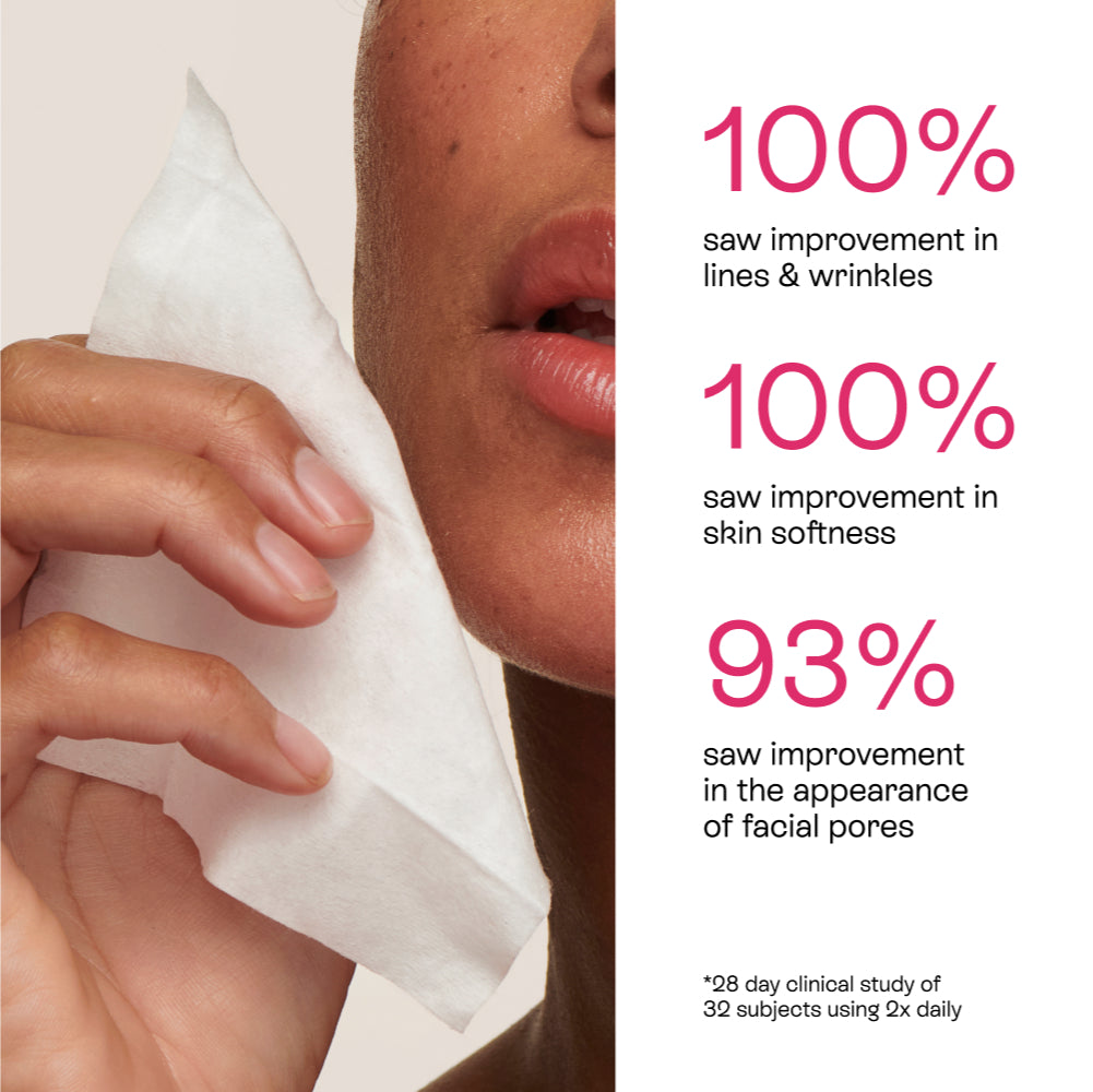 Woman wiping her face with a  BeautyStat Universal Triple Action Daily Exfoliating Peel Pad next to text information about the product 