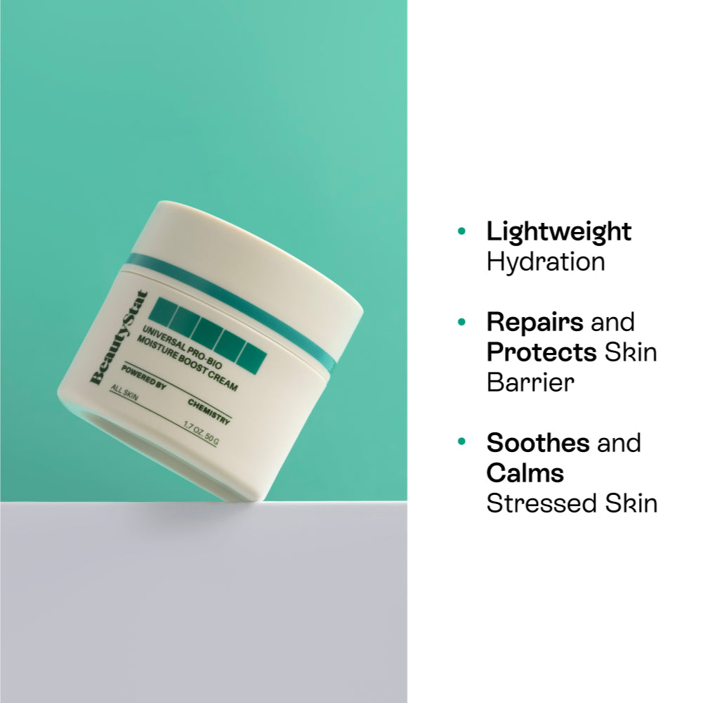 Tub of 'Universal Pro-Bio Moisture Boost Cream' from BeautyStat on a green background next to text about product features