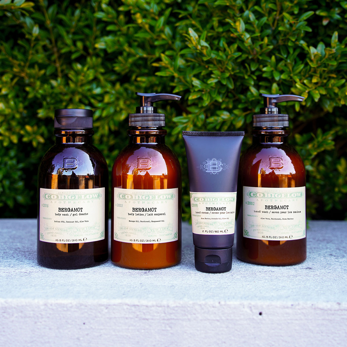 C.O. Bigelow Iconic Collection Bergamot Body Wash, Body Lotion, Hand Cream, and Hand Wash on a concrete planter in front of a green plant. 