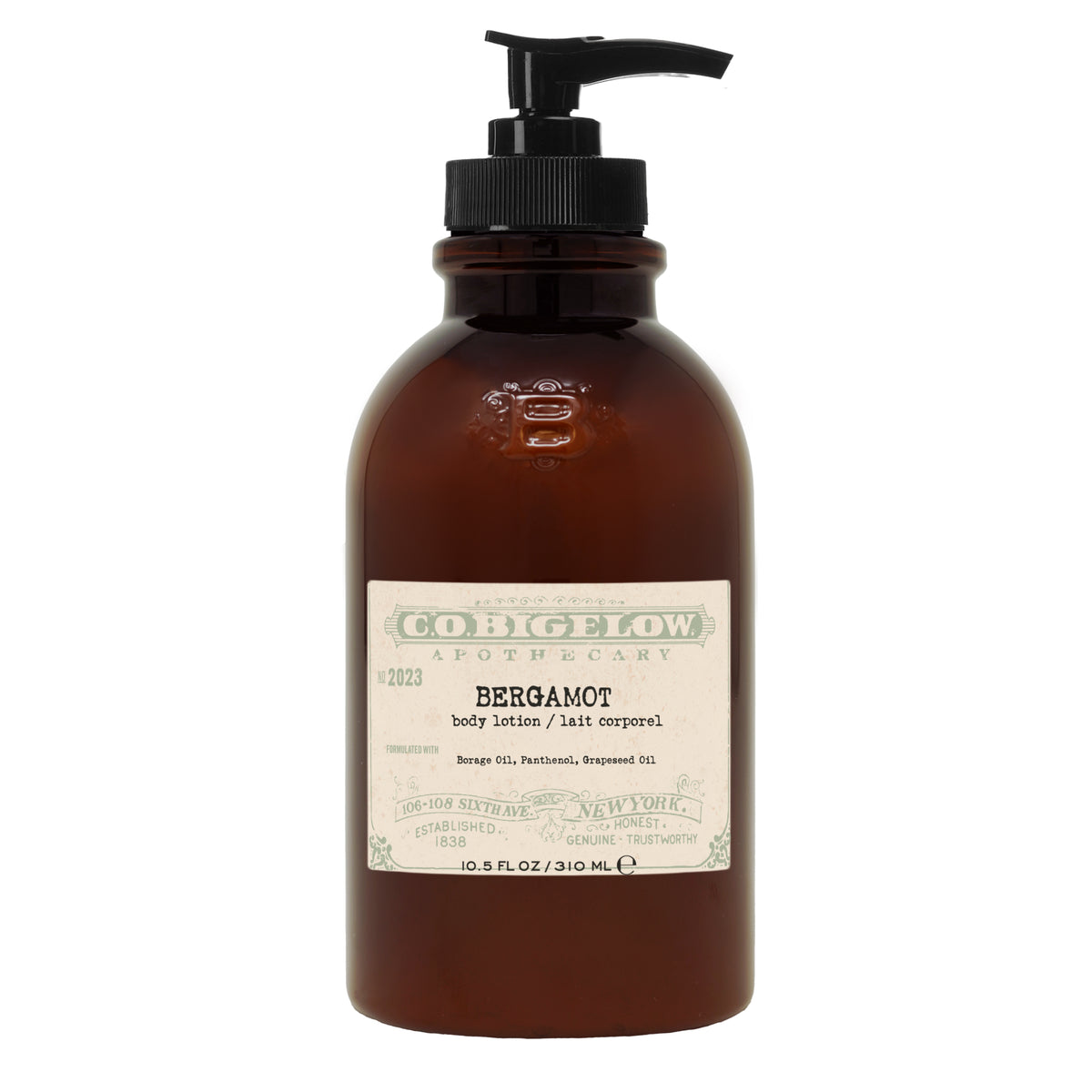 C.O. Bigelow Iconic Collection - Bergamot Body Lotion No. 2023 in an amber pump bottle in front of a white background. 