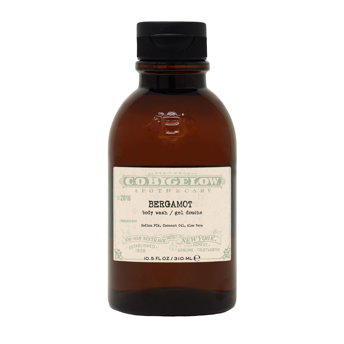 C.O. Bigelow Iconic Collection - Bergamot Body Wash No. 2016 in an Amber bottle in front of a white background.