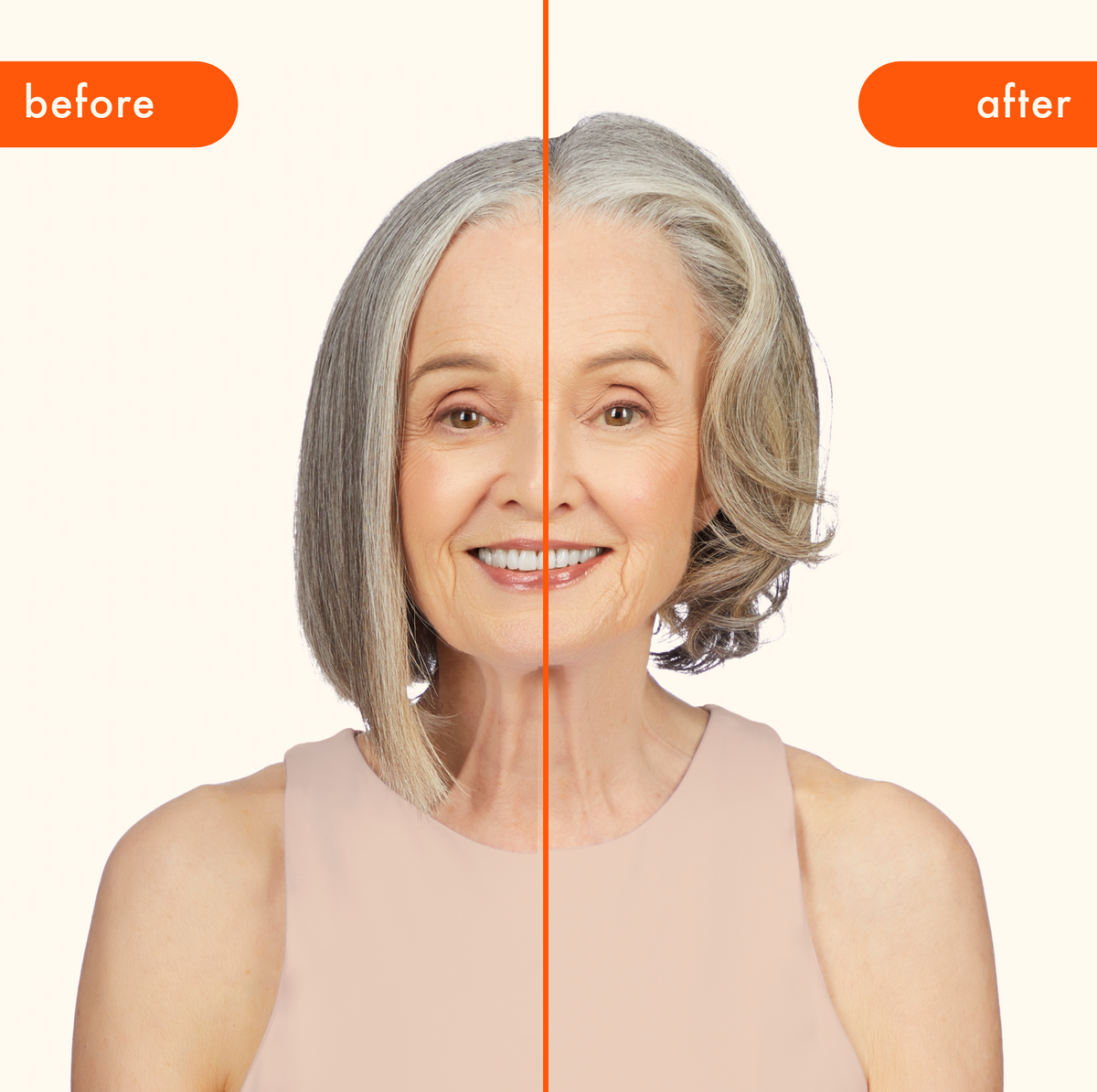 Before and after comparison of Blowout Babe used on a woman with gray hair on a white background